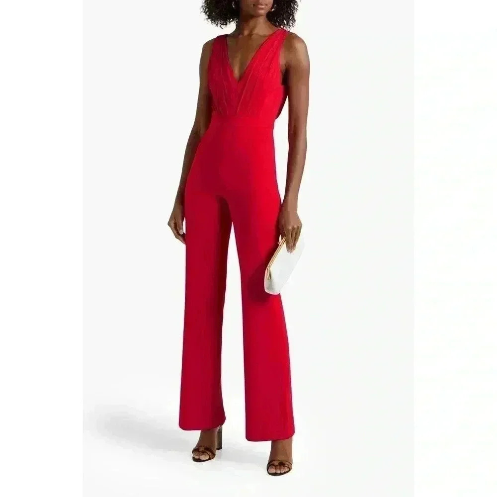 Alice + Olivia Gale Deep V-Neck Sleeveless Wide Leg Red Crepe Jumpsuit Size 2